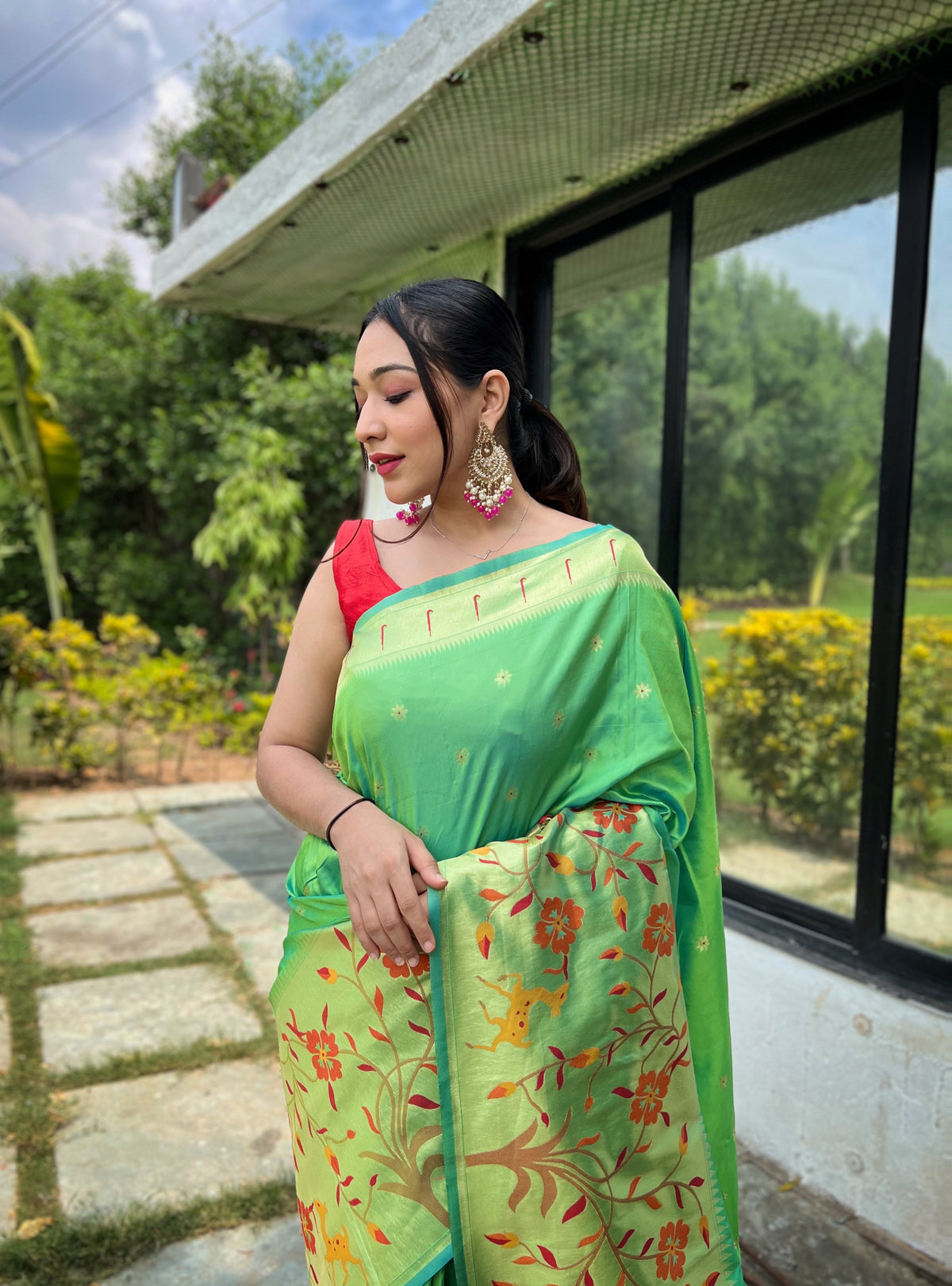Lime Green Pure Paithani Silk Saree With Woven Floral Pallu & Zari Border