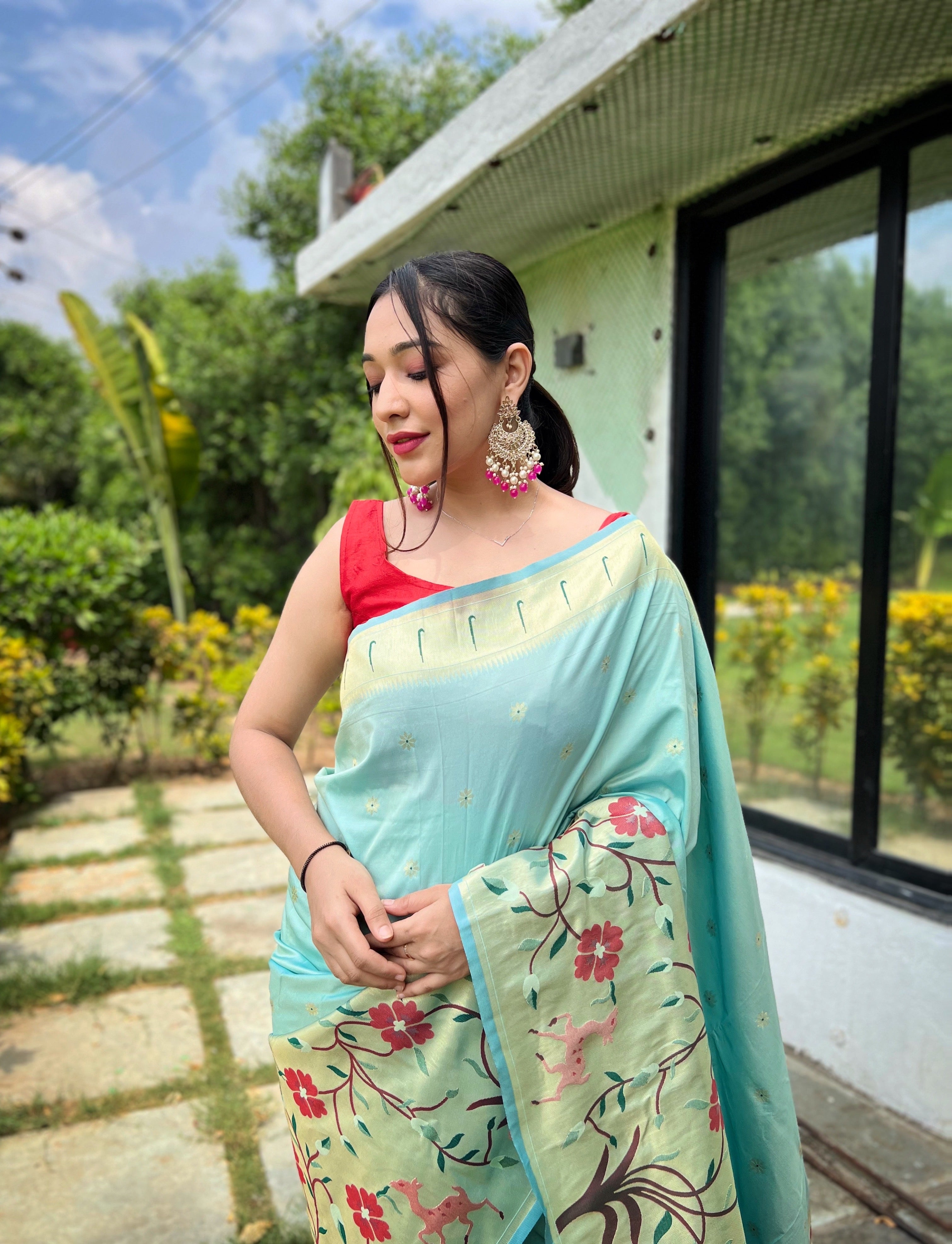 Sky Blue Pure Paithani Silk Saree With Woven Floral Pallu & Zari Border