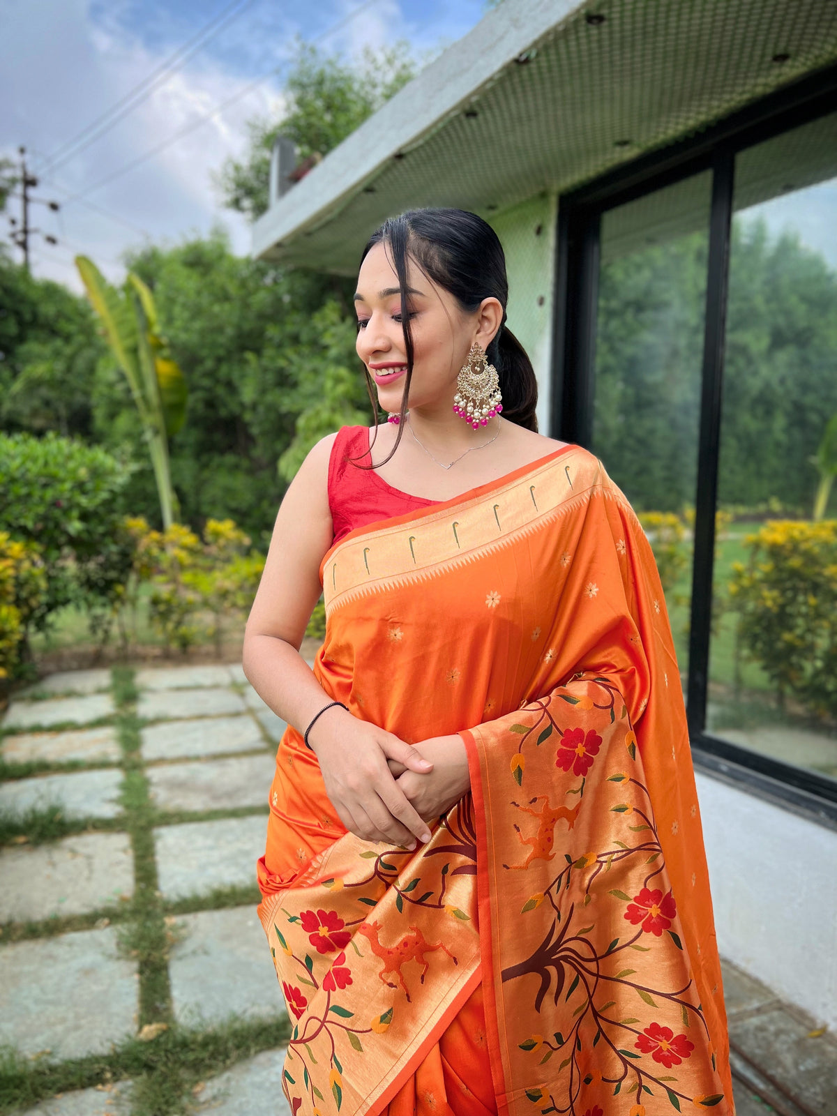 Orange Pure Paithani Silk Saree With Woven Floral Pallu & Zari Border