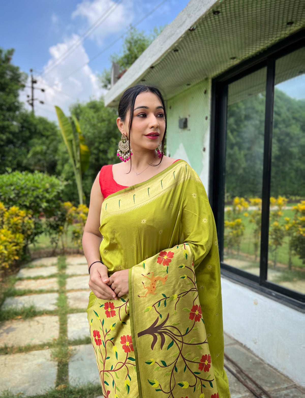 Olive Green Pure Paithani Silk Saree With Woven Floral Pallu & Zari Border