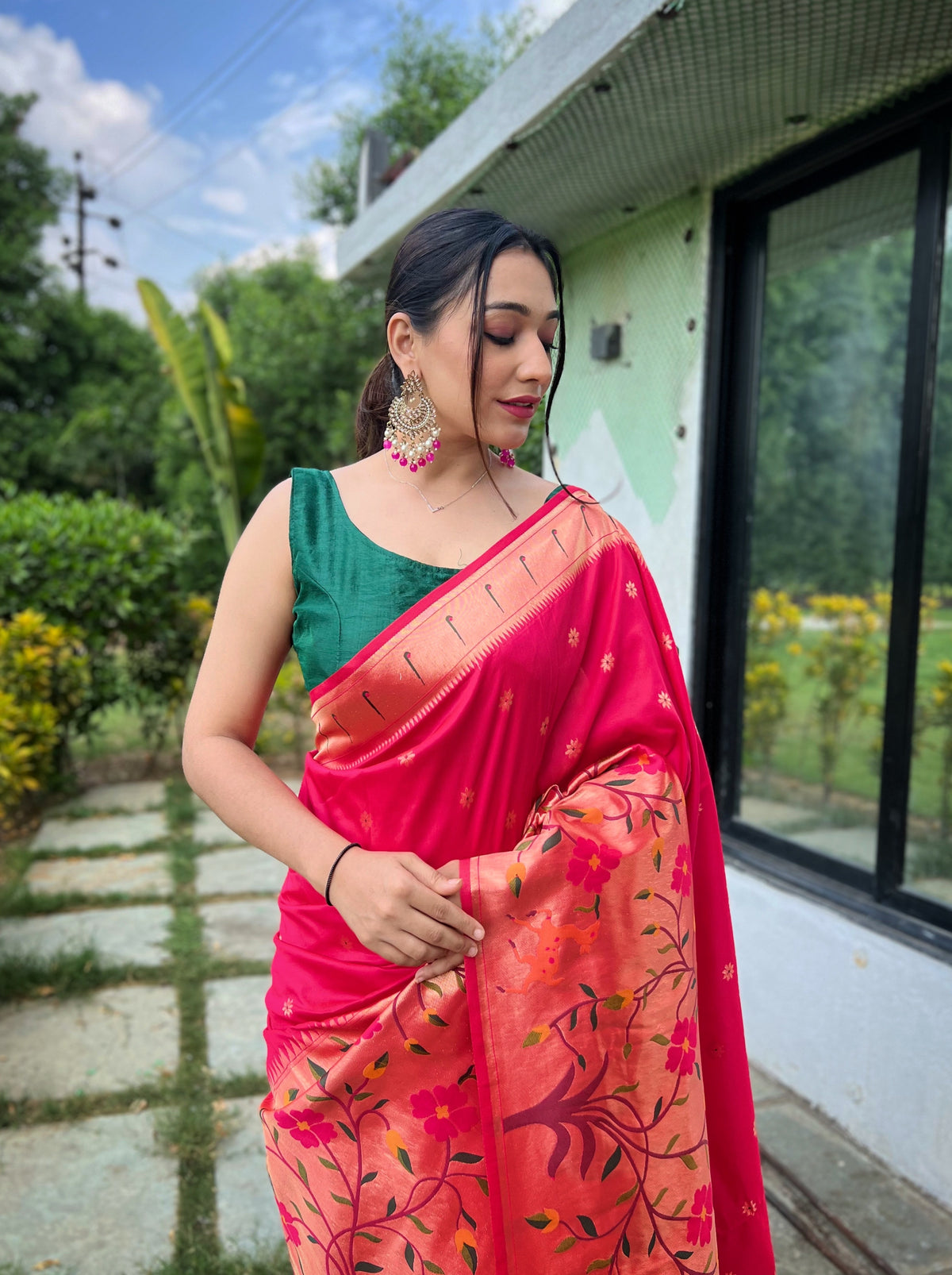 Rani Pink Pure Paithani Silk Saree With Woven Floral Pallu & Zari Border