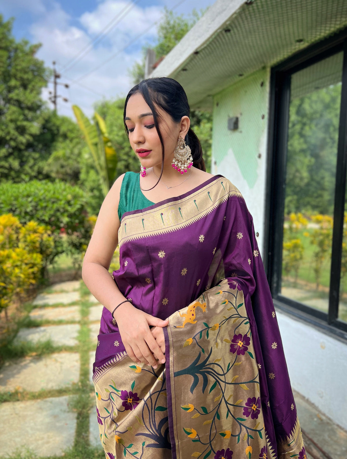 Purple Pure Paithani Silk Saree With Woven Floral Pallu & Zari Border