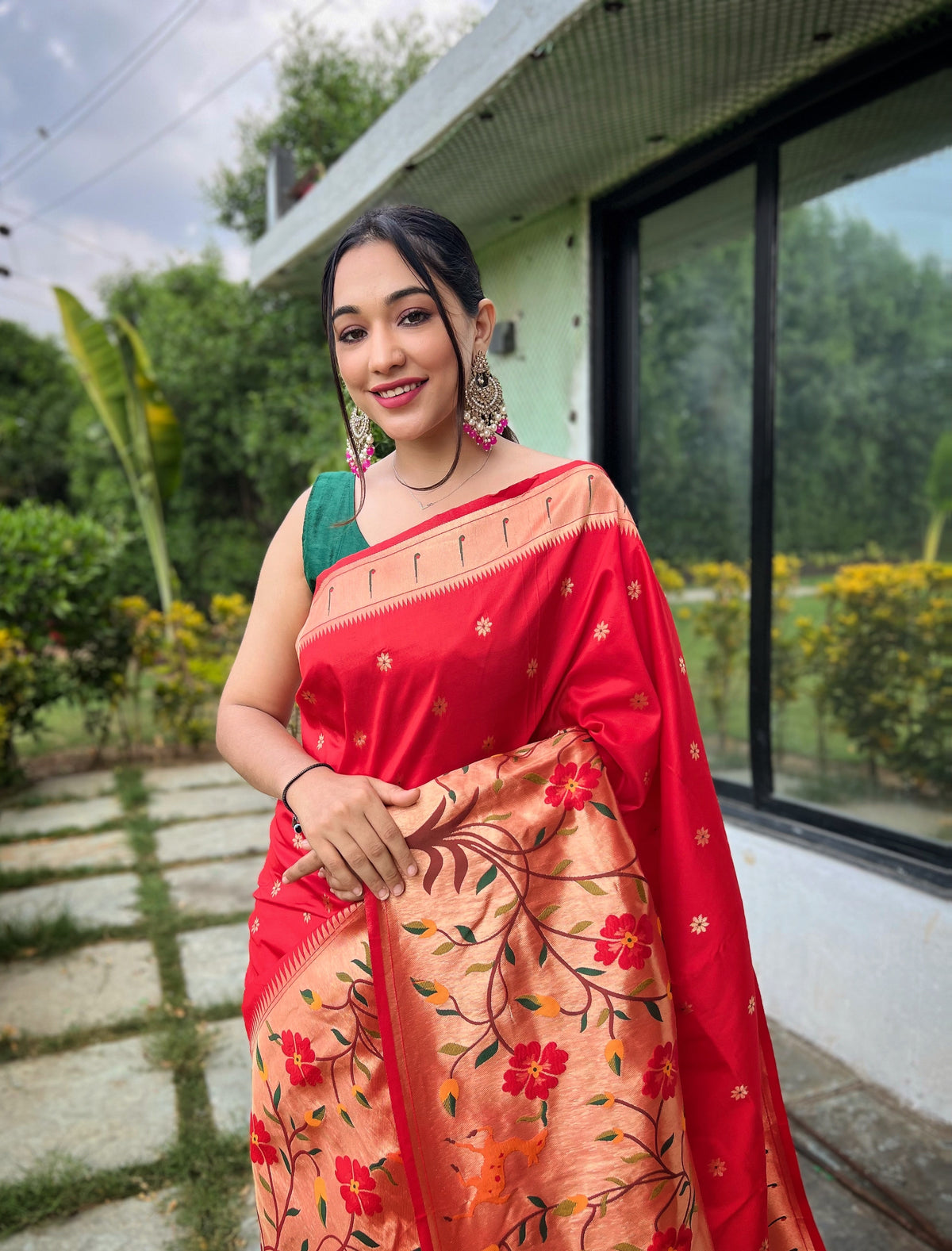 Red Pure Paithani Silk Saree With Woven Floral Pallu & Zari Border