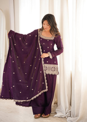 Festive wine patiala salwar suit with sequin work for Diwali and Karva Chauth