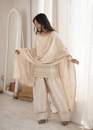 Glass roman silk kurta set cream with gold embroidery and butti dupatta