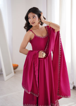 Magenta Anarkali suit with contrast embroidered hem and strappy neckline