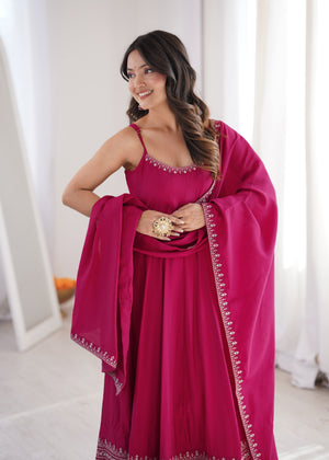 Festive rani pink Anarkali suit with embroidery for Diwali and weddings