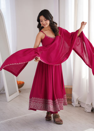 Pure roman silk Anarkali set rani pink with contrast white embroidered border