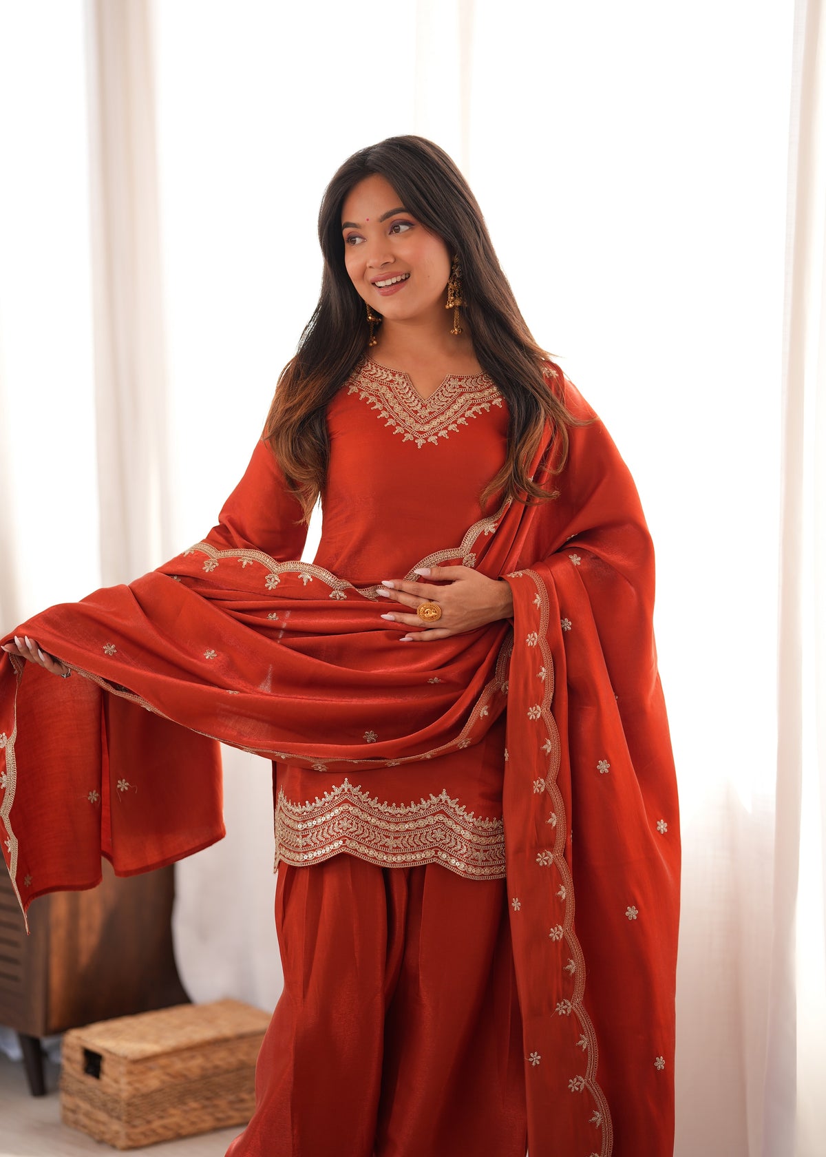 Rust Orange Glass Roman Silk Salwar Suit with Sequin, Dori & Zari Embroidery