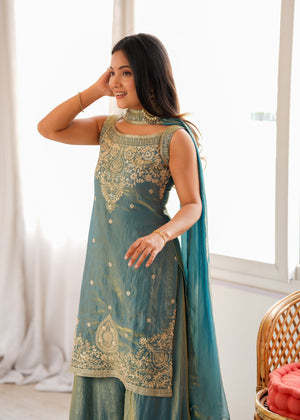 Tissue silk kurta sharara set teal blue with gold embroidery and dupatta