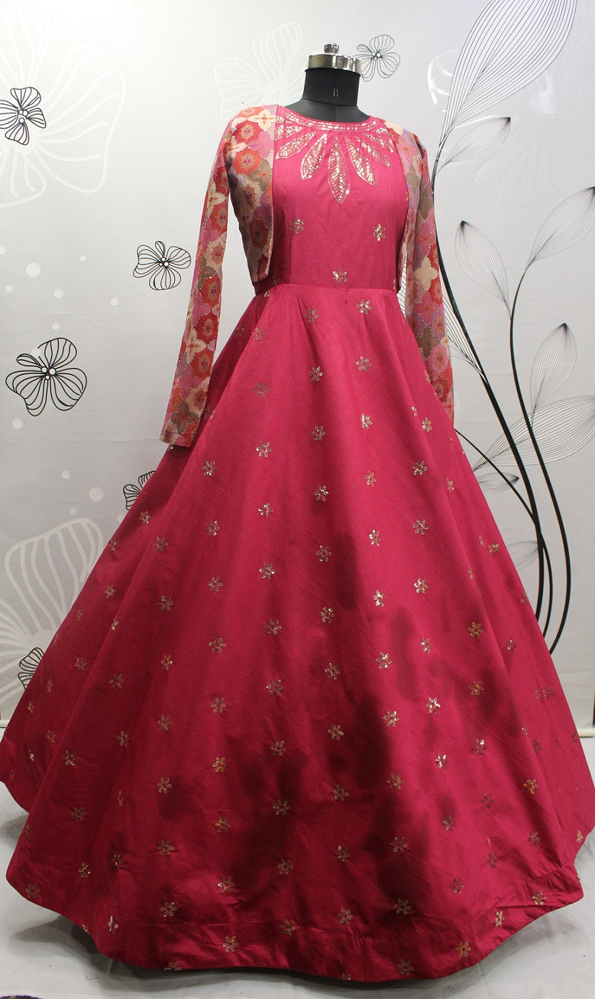 Pink Sequence Embroidered Pure Cotton Gown With Koti