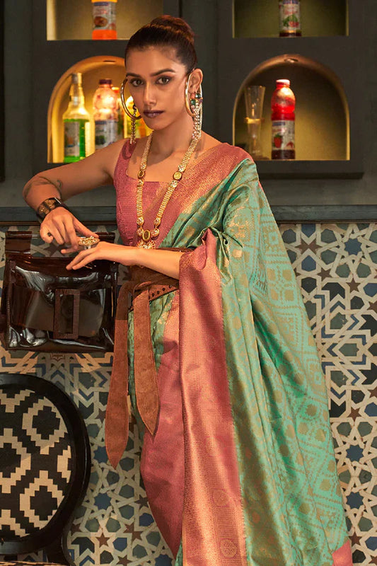 Green And Peach Kanjivaram Silk Saree