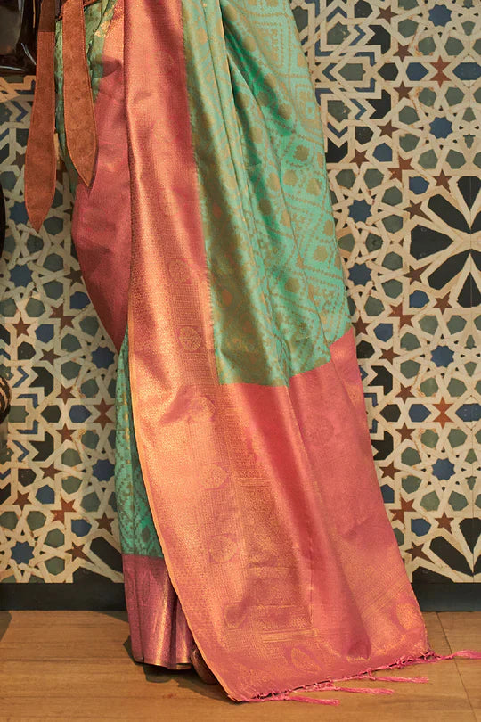 Green And Peach Kanjivaram Silk Saree