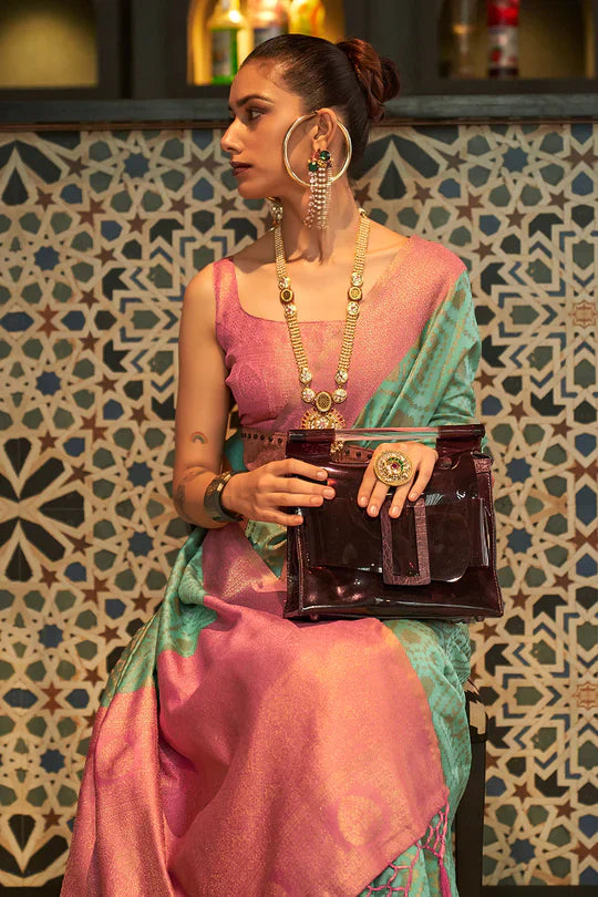 Green And Peach Kanjivaram Silk Saree