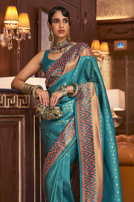 Teal Blue And Brown Kanjivaram Saree