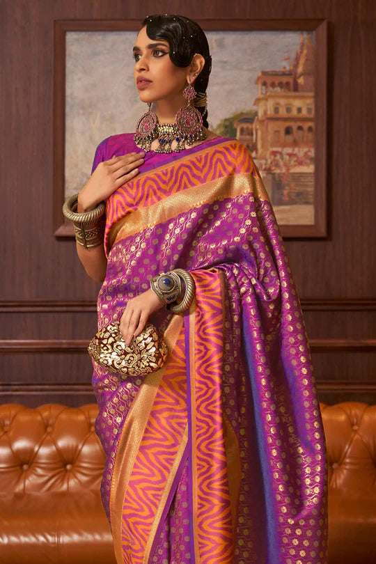 Latest Magenta Colour Handloom Zari Weaving Saree