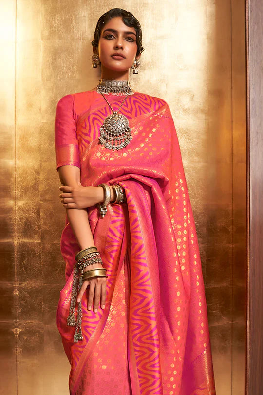 Latest Dark Pink Colour Handloom Zari Weaving Saree