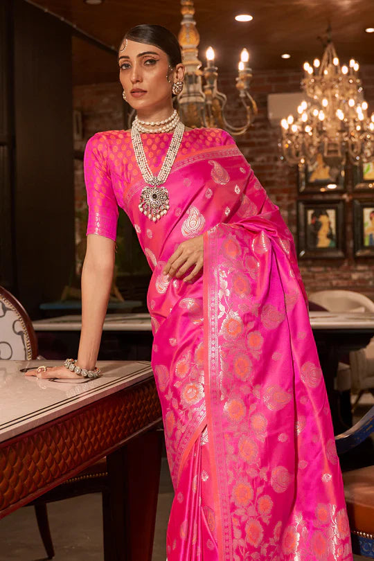 Fuscia Pink Pure Satin Handloom Weaving Saree