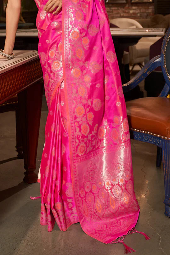 Fuscia Pink Pure Satin Handloom Weaving Saree