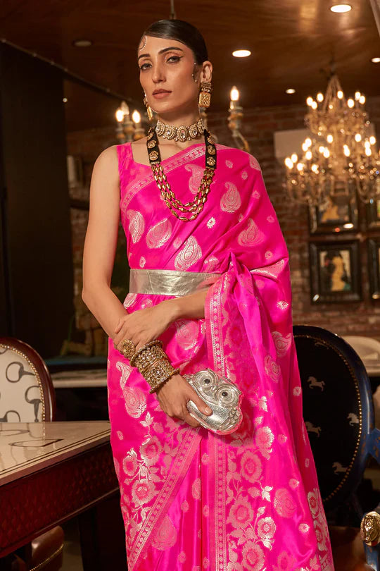 Hot Pink Pure Satin Handloom Weaving Saree