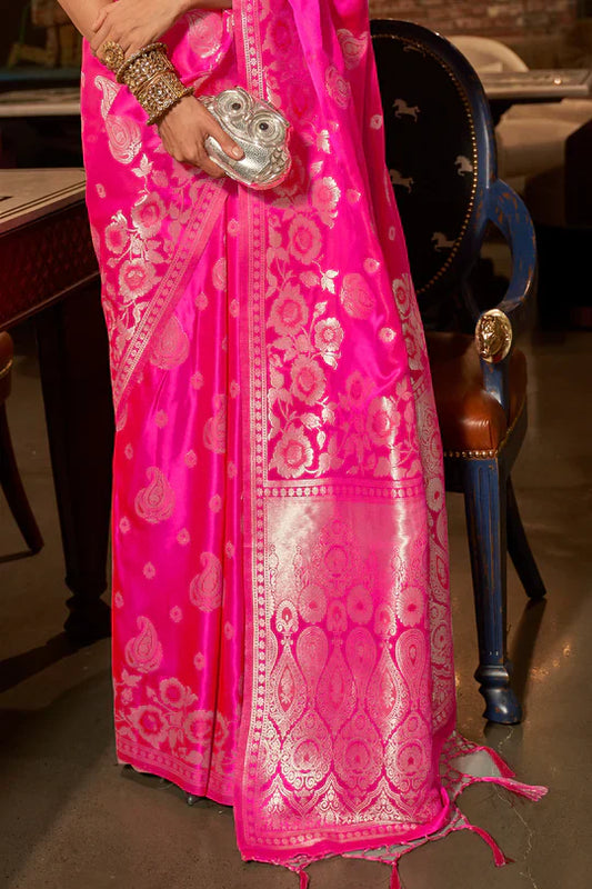 Hot Pink Pure Satin Handloom Weaving Saree