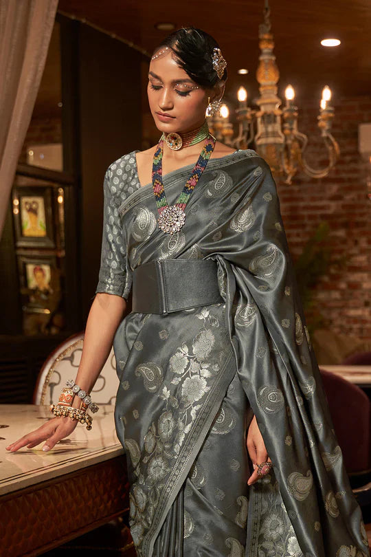 Fossil Grey Pure Satin Handloom Weaving