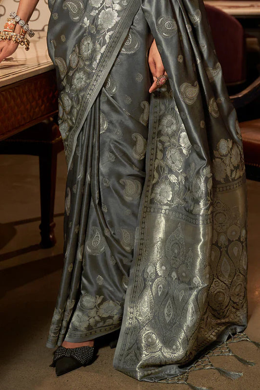 Fossil Grey Pure Satin Handloom Weaving