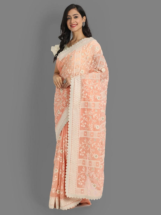 Peach Colour Faux Georgette Beautiful Lakhnavi Work Saree