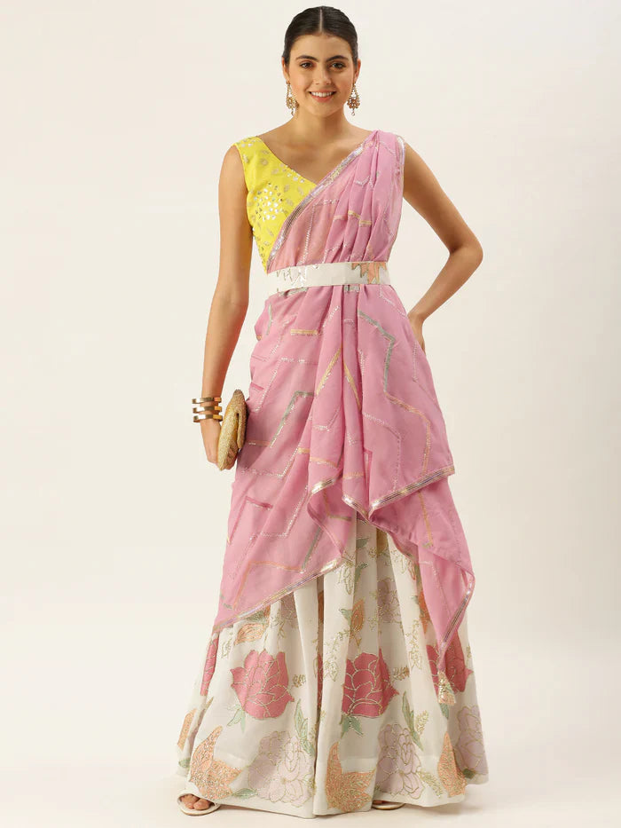 White & Pink Embellished Sequinned Semi-Stitched Lehenga & Unstitched Blouse With Dupatta