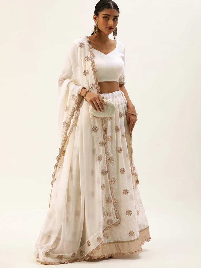 WHITE AMAZING GEORGETTE THREAD EMBROIDERY WORK LEHENGA CHOLI