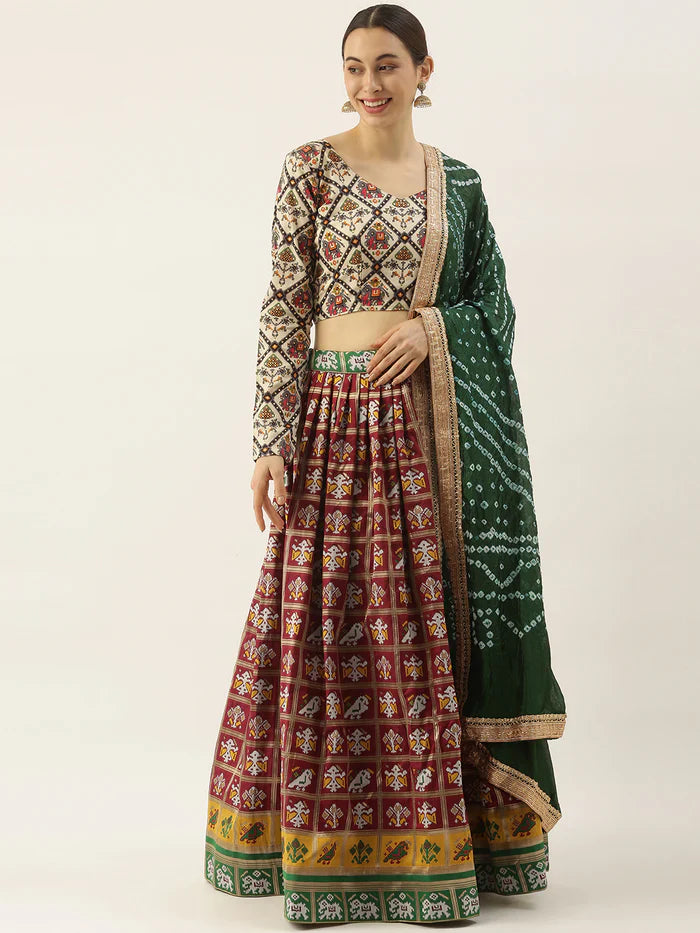 MAROON COLOR SPECIALLY DESIGNED PATOLA JACQUARD LEHENGA CHOLI WITH BANDHEJ SILK DUPATTA