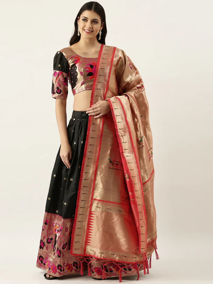 TRADITIONAL JACQUARD EMBELLISHED WITH ZARI WEAVING WORK PATHANI LEHENGA CHOLI