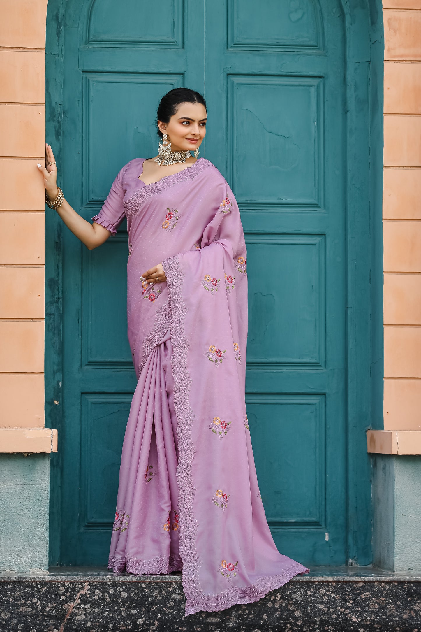 Lavender Tussar Cotton Floral And Sequins Embroidery Work Saree