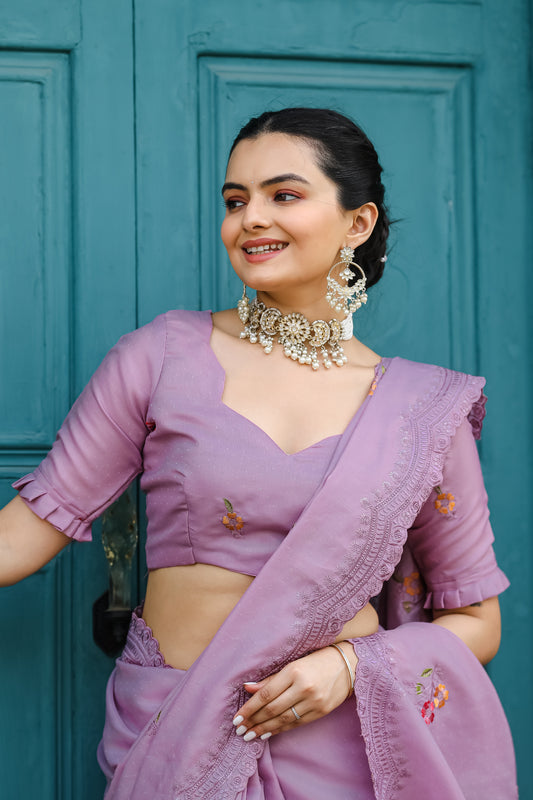 Lavender Tussar Cotton Floral And Sequins Embroidery Work Saree