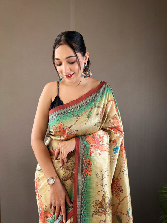 Maroon Printed Digital Kalamkari Saree