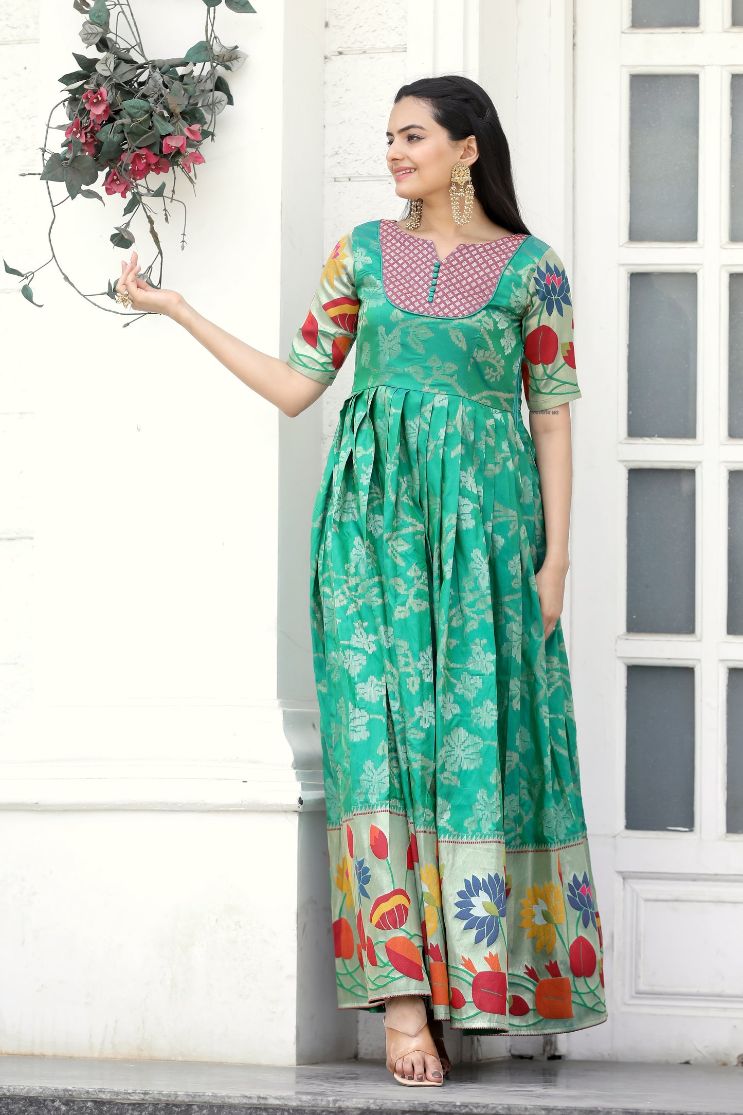 Light Sea Green Soft Silk Copper Weaving Boat Neck With V Cut Gown