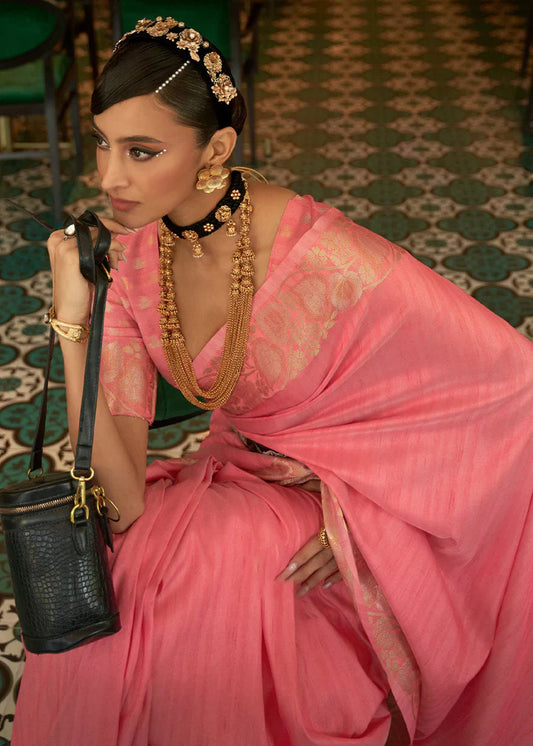 Froly Pink Zari Woven Tussar Silk Saree