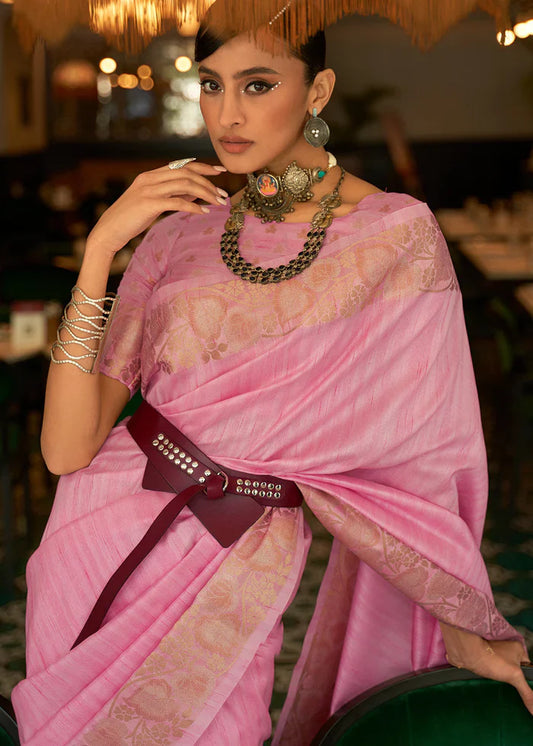 Pastel Pink Zari Woven Tussar Silk Saree