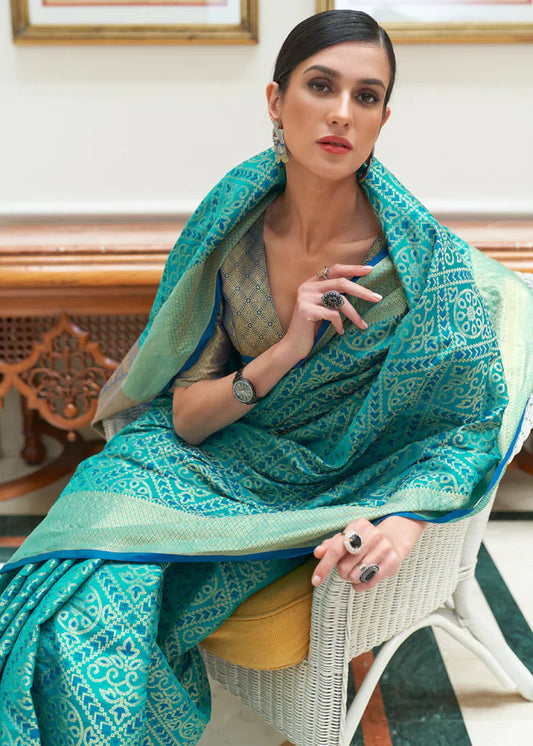 Water Leaf Blue Woven Patola Silk Saree