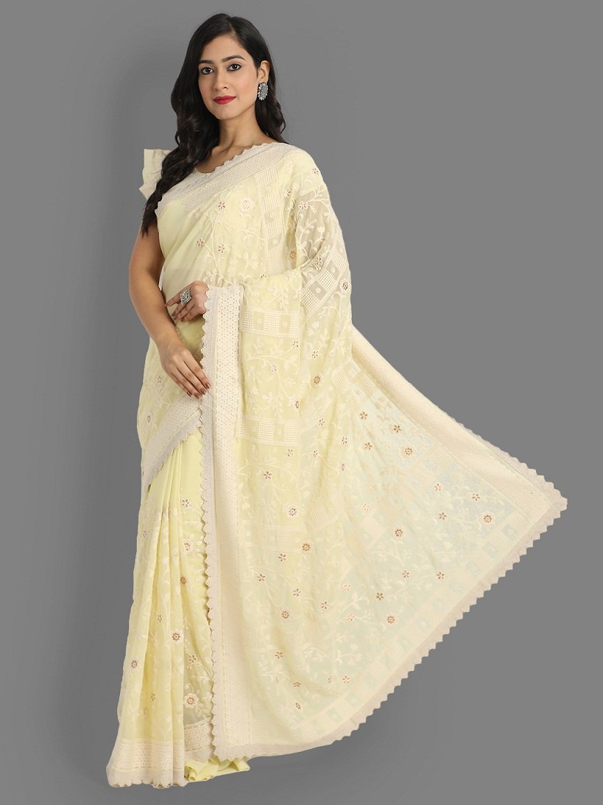 Yellow Colour Faux Georgette Beautiful Lakhnavi Work Saree