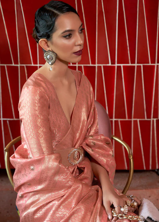 Apricot Peach Tussar Woven Silk Saree