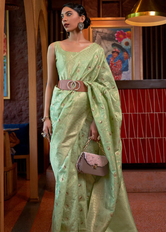 Moss Green Tussar Woven Silk Saree
