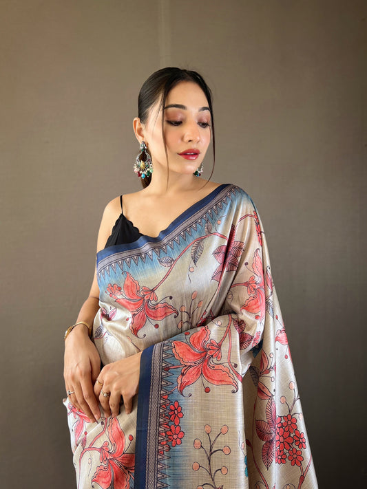 Navy Printed Digital Kalamkari Saree