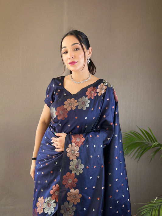 Navy Blue Pure Soft Silk Weaving Jacquard Jari Ethnic Saree