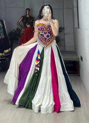 White Multicolor Pure Rayon Cotton Gamthi Work Frilled Navratri Lehenga with Real Mirror Work by The Beauty Queen Surat