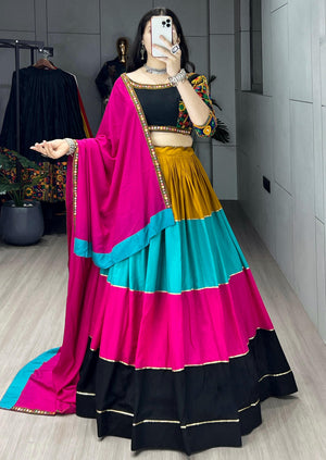 Black Multicolor Pure Rayon Cotton Navratri Lehenga with Colorful Kali and Gota Patti Work by The Beauty Queen Surat
