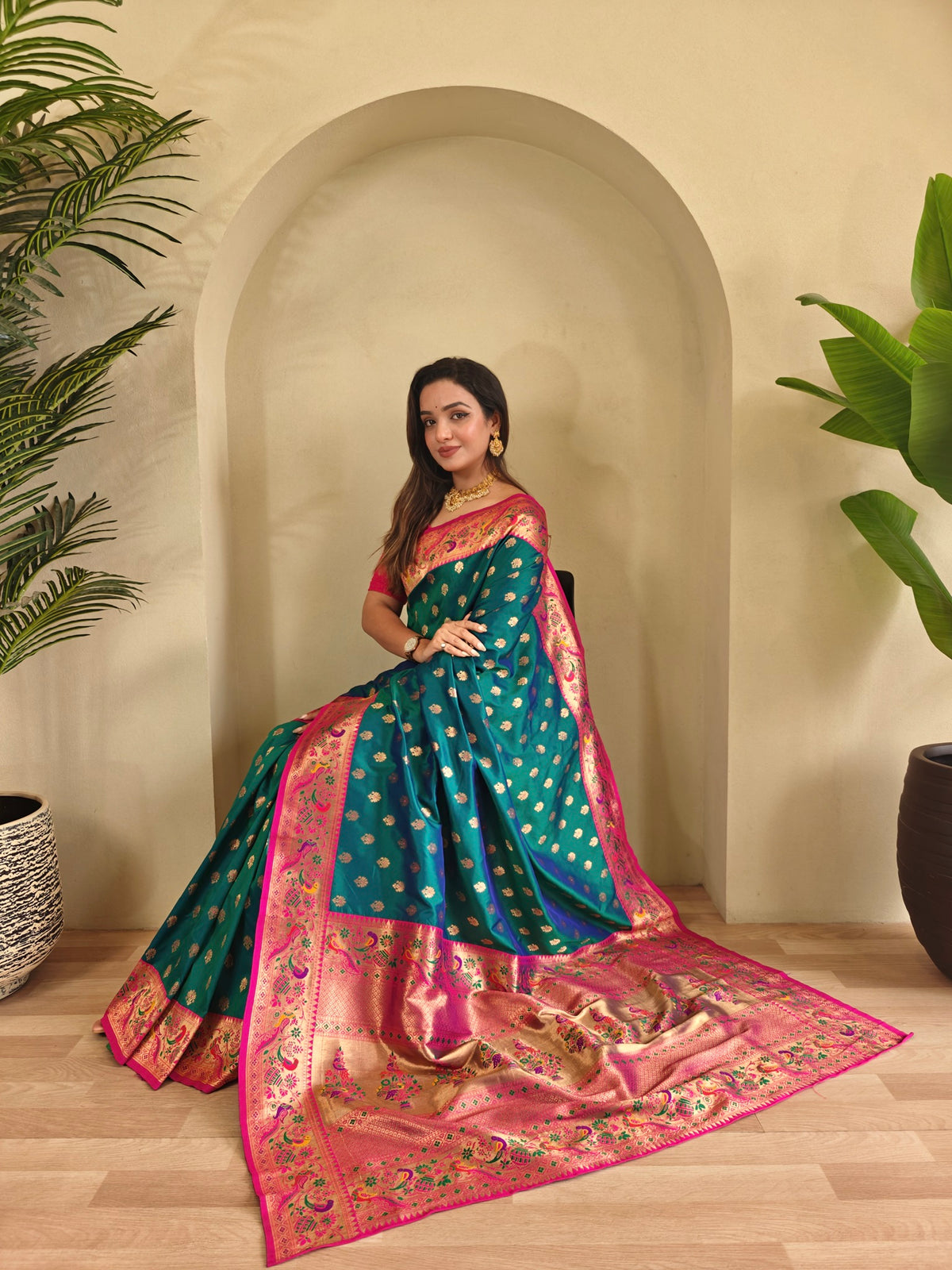 Teal Green & Rani Pink Ethnic Motifs Woven Design Silk Saree With Woven Design Border