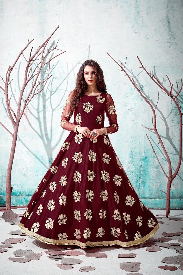 Maroon Designer Foil Printed Anarkali Gown Collection