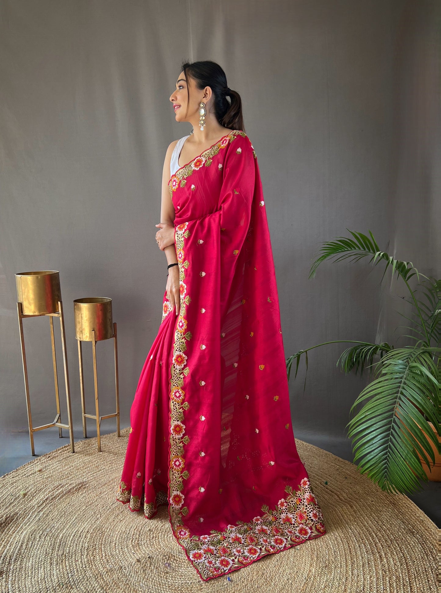 Pink Pure Tussar Silk Embroidery Work Saree
