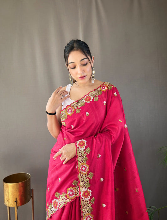 Pink Pure Tussar Silk Embroidery Work Saree